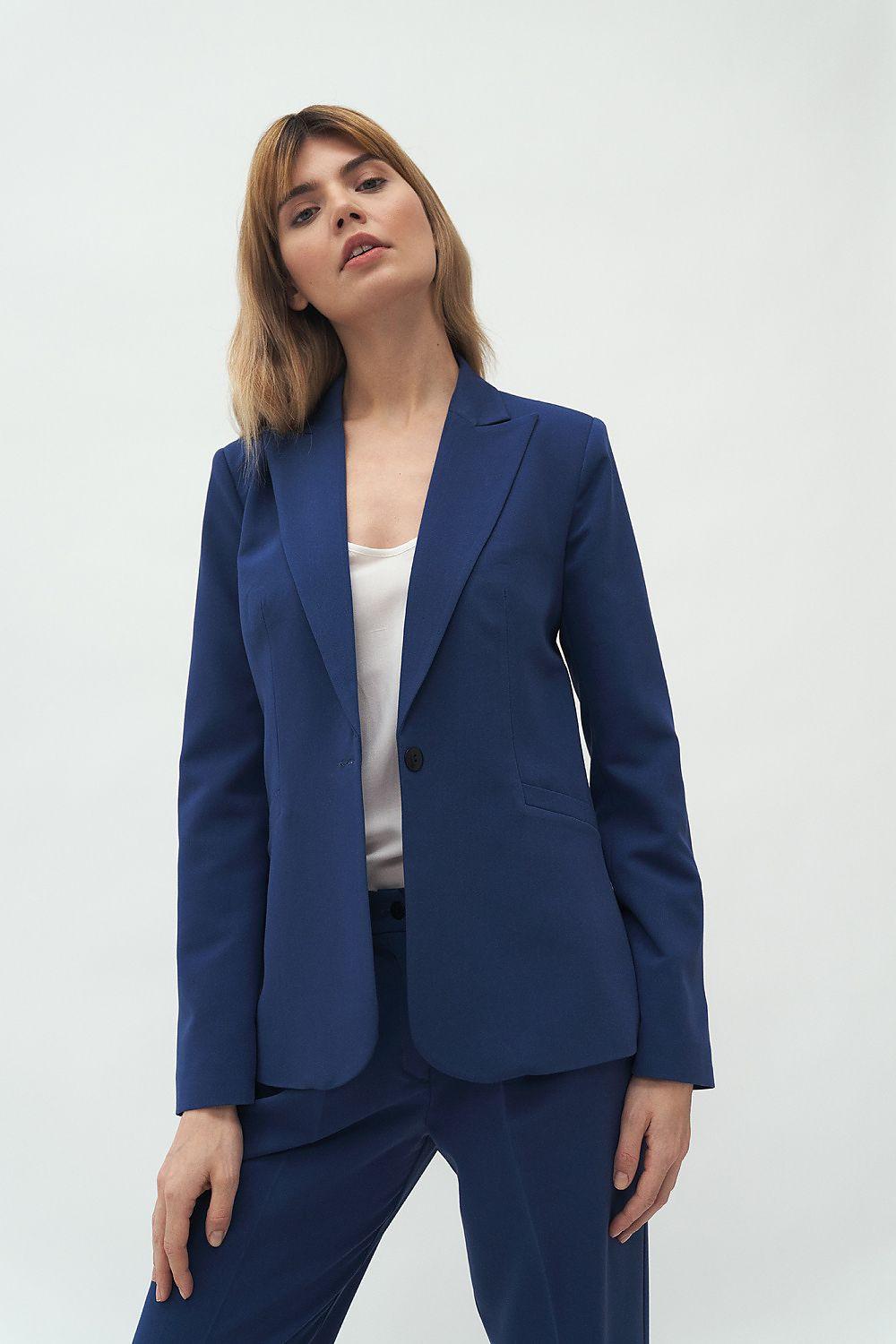 Women's fitted blue blazer with notched lapel and front button closure