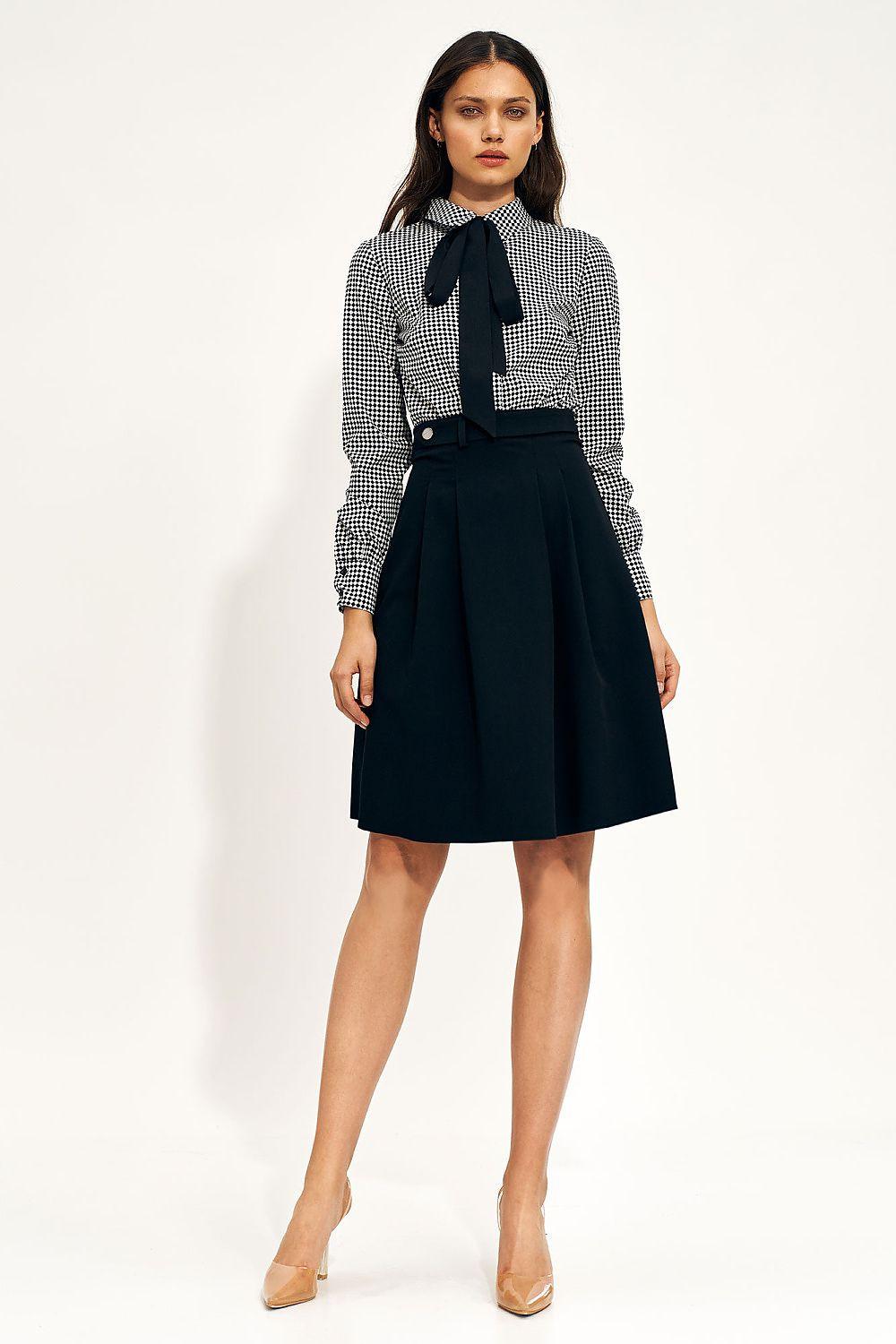 Black A-line pleated skirt with front buttons and waistband