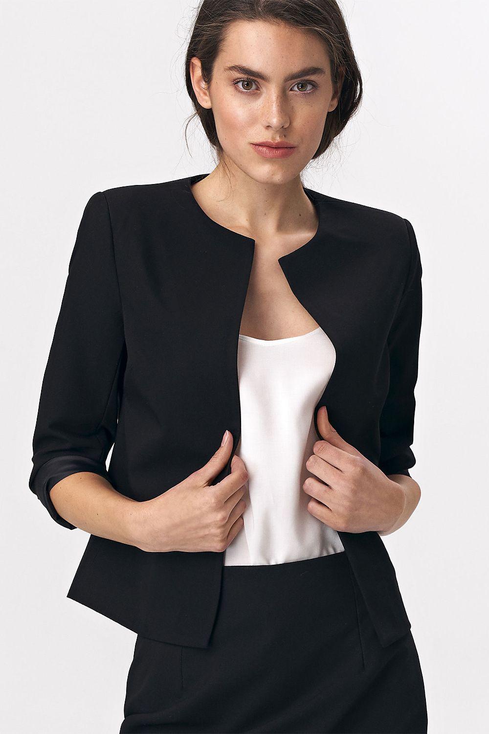 Black short blazer jacket with notch lapel, 3/4 sleeves, open front