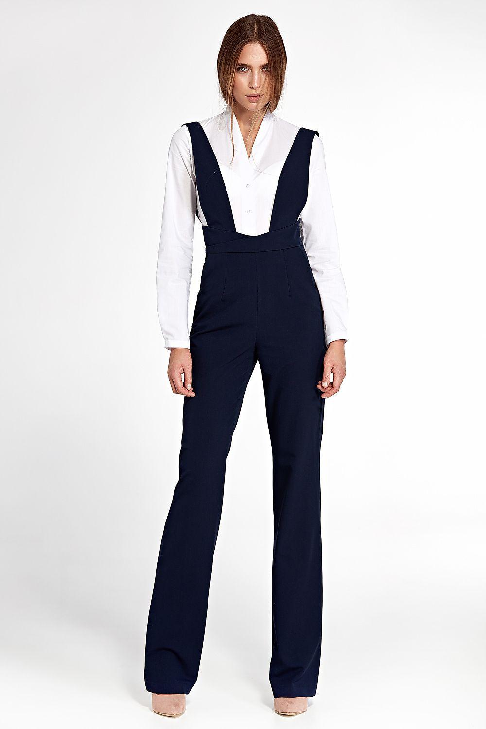 Nife navy blue sleeveless V-neck jumpsuit with wide-leg trousers and front straps