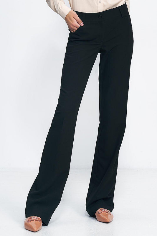 Black tailored trousers with straight, wide-leg cut and front crease