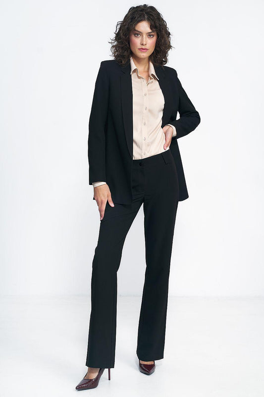 Black tailored trousers, full-length view with straight wide legs