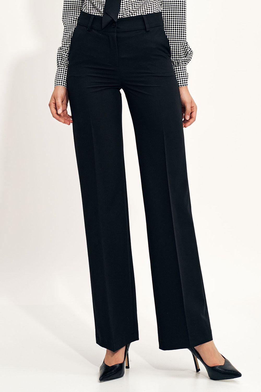 High-waisted black wide-leg trousers with flat front and belt loops