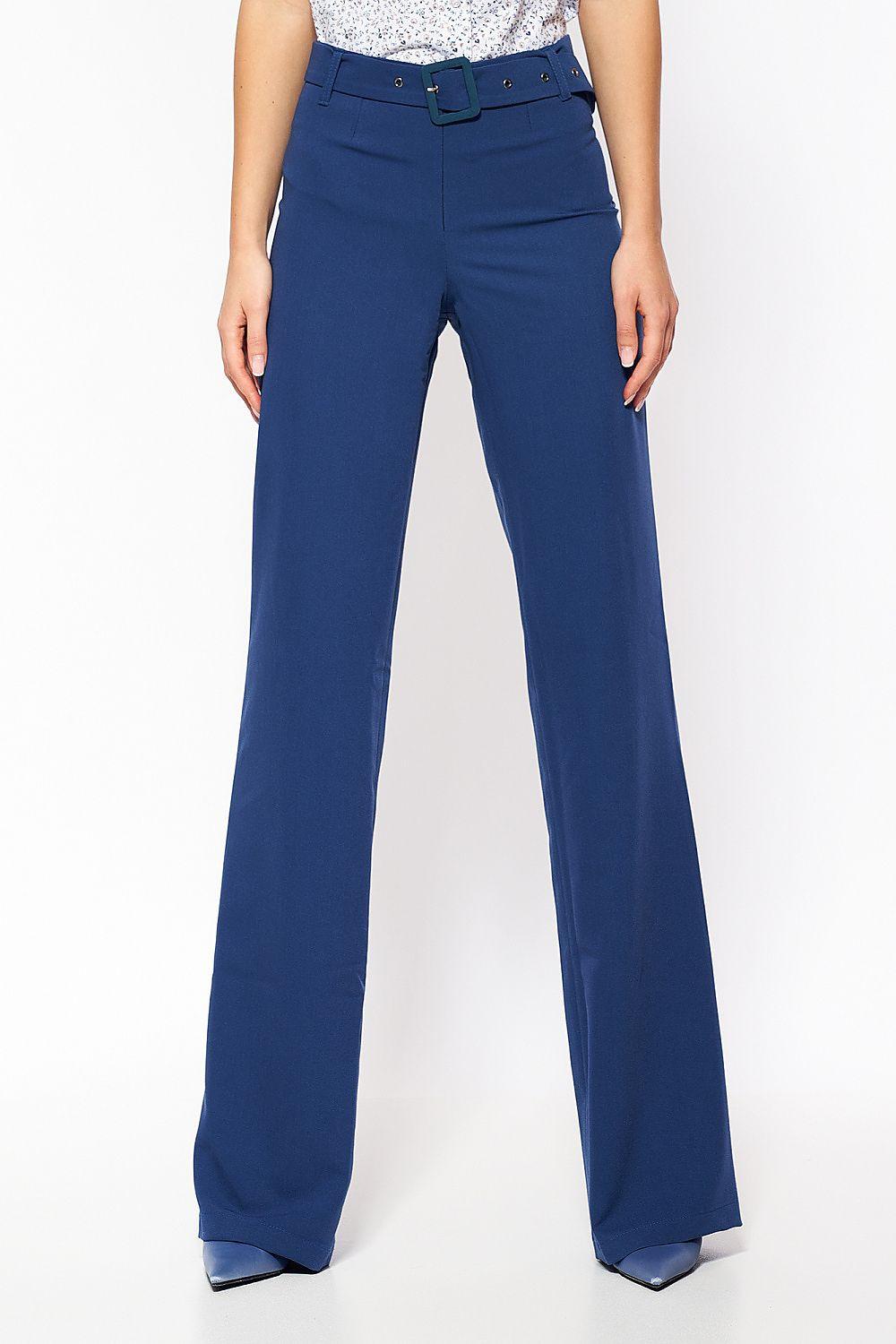 High-waist flared blue trousers with front button and belt loops