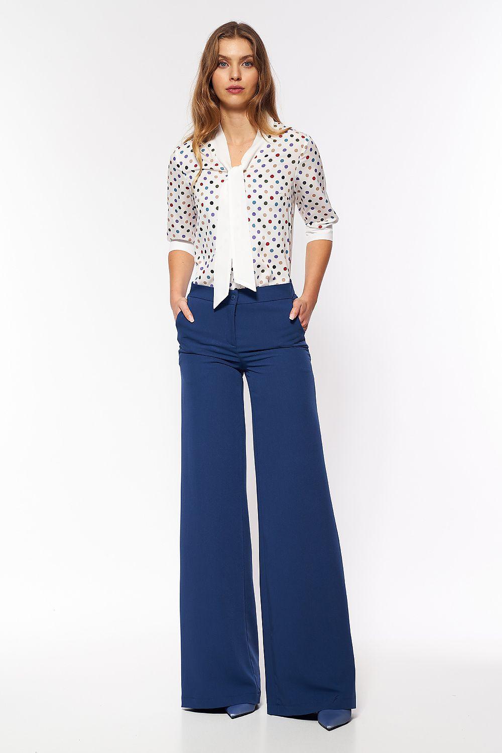 Cobalt blue palazzo trousers with wide flared legs and relaxed fit