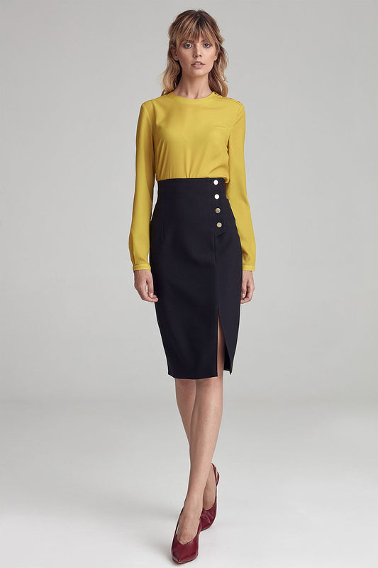 Knee-length pencil skirt in dark navy with gold buttons and front slit