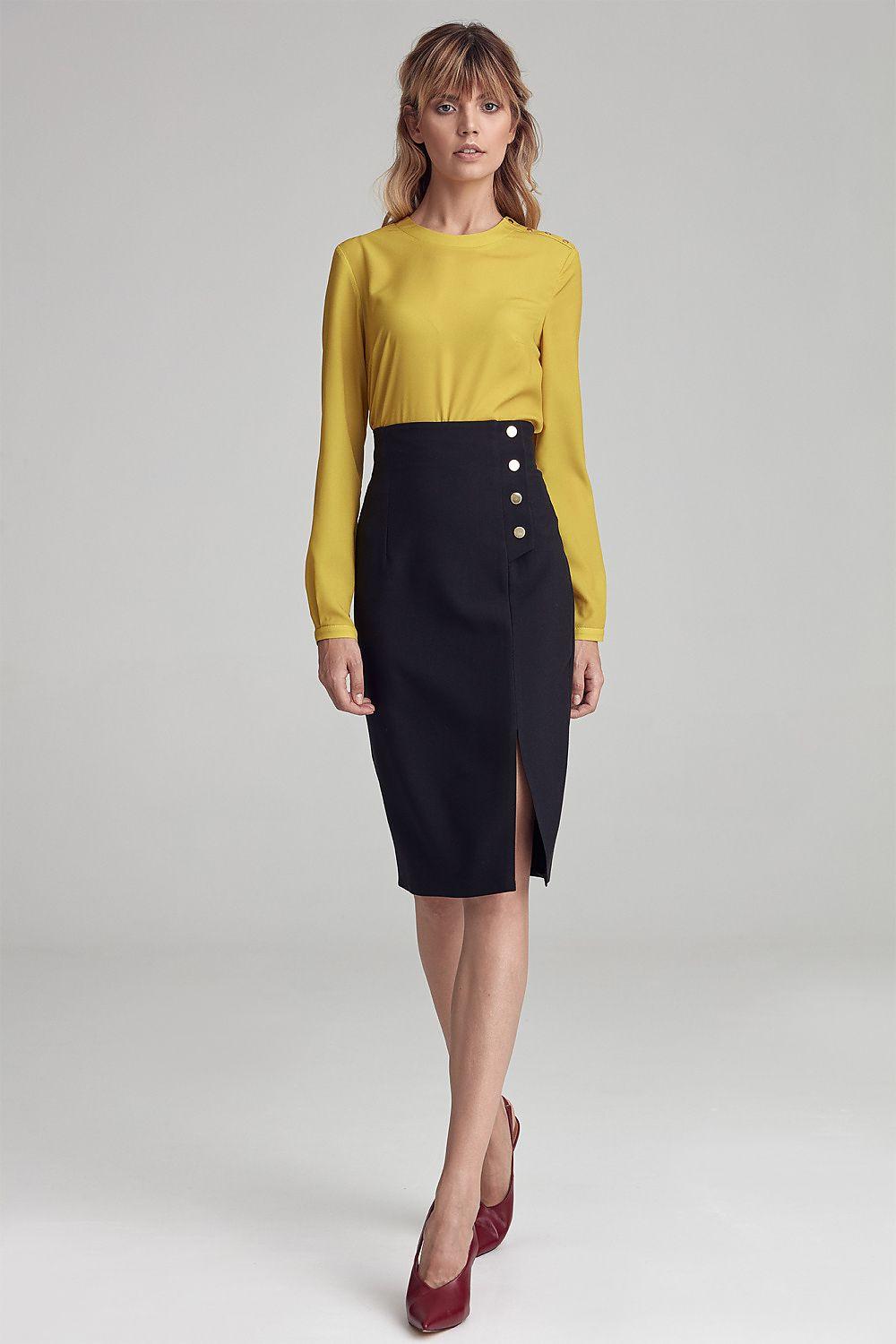 Black pencil skirt with front slit and button detail at waistband