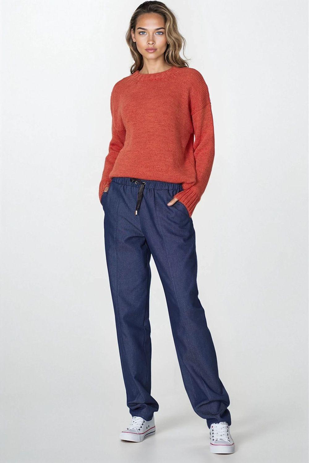 Nife women's dark blue jogger trousers with elastic waist, drawstring, side pockets