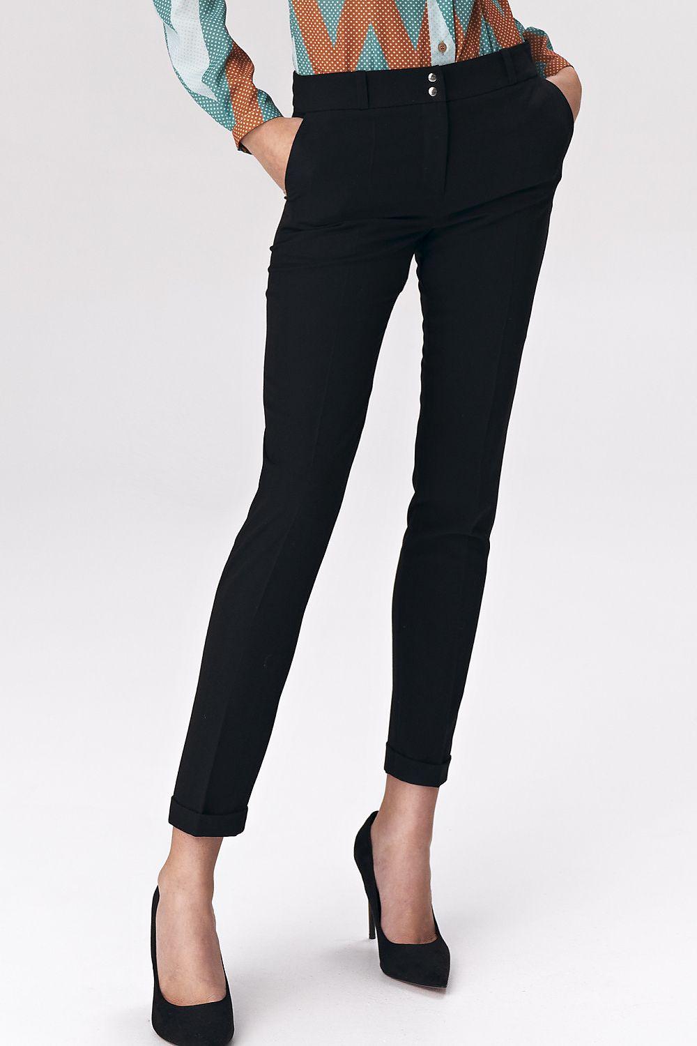 Women's black slim trousers, belt loops, ankle length, button-zip closure