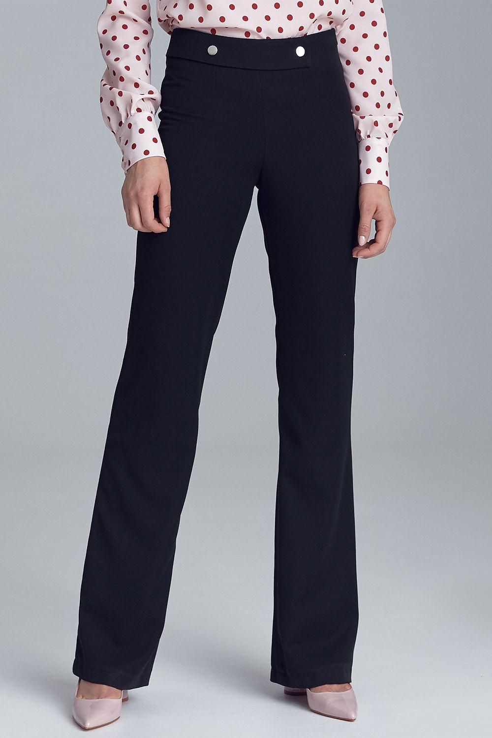 Women’s black trousers with belt loops, front button closure, straight leg fit