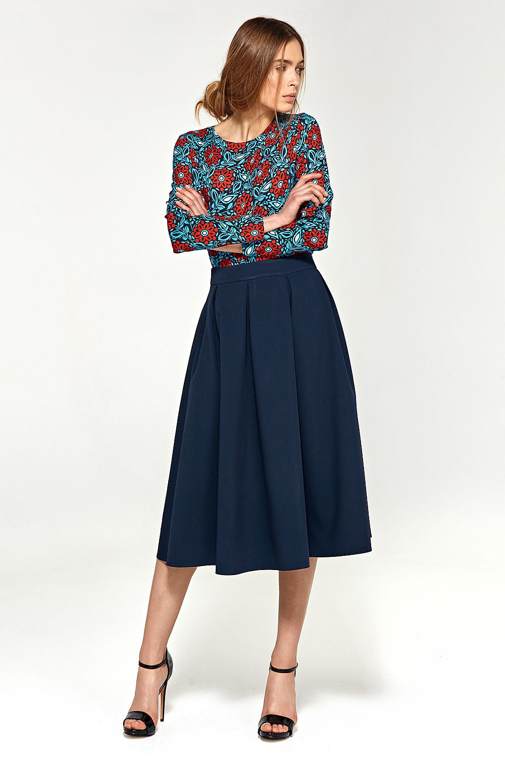 Nife pleated flared midi skirt, dark navy blue