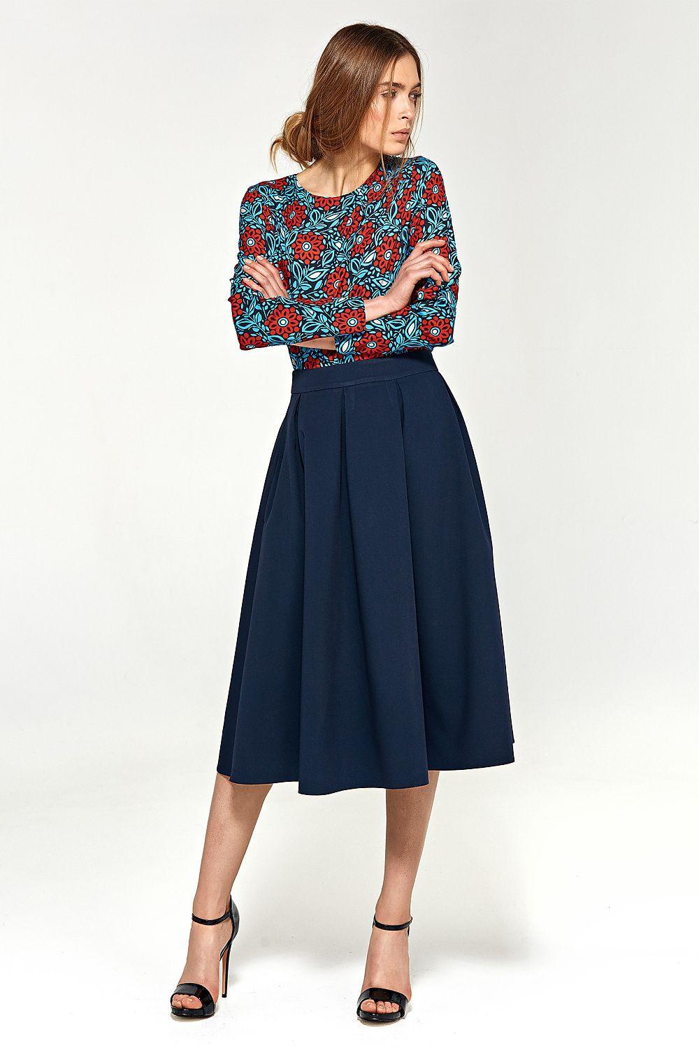 Navy blue pleated midi skirt with gathered waist