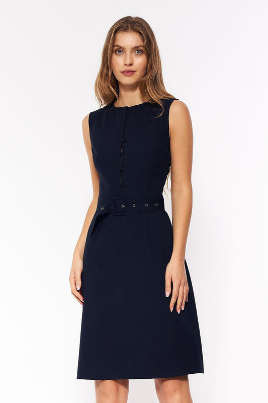 Navy blue sleeveless day dress with high neck, button placket and waist belt