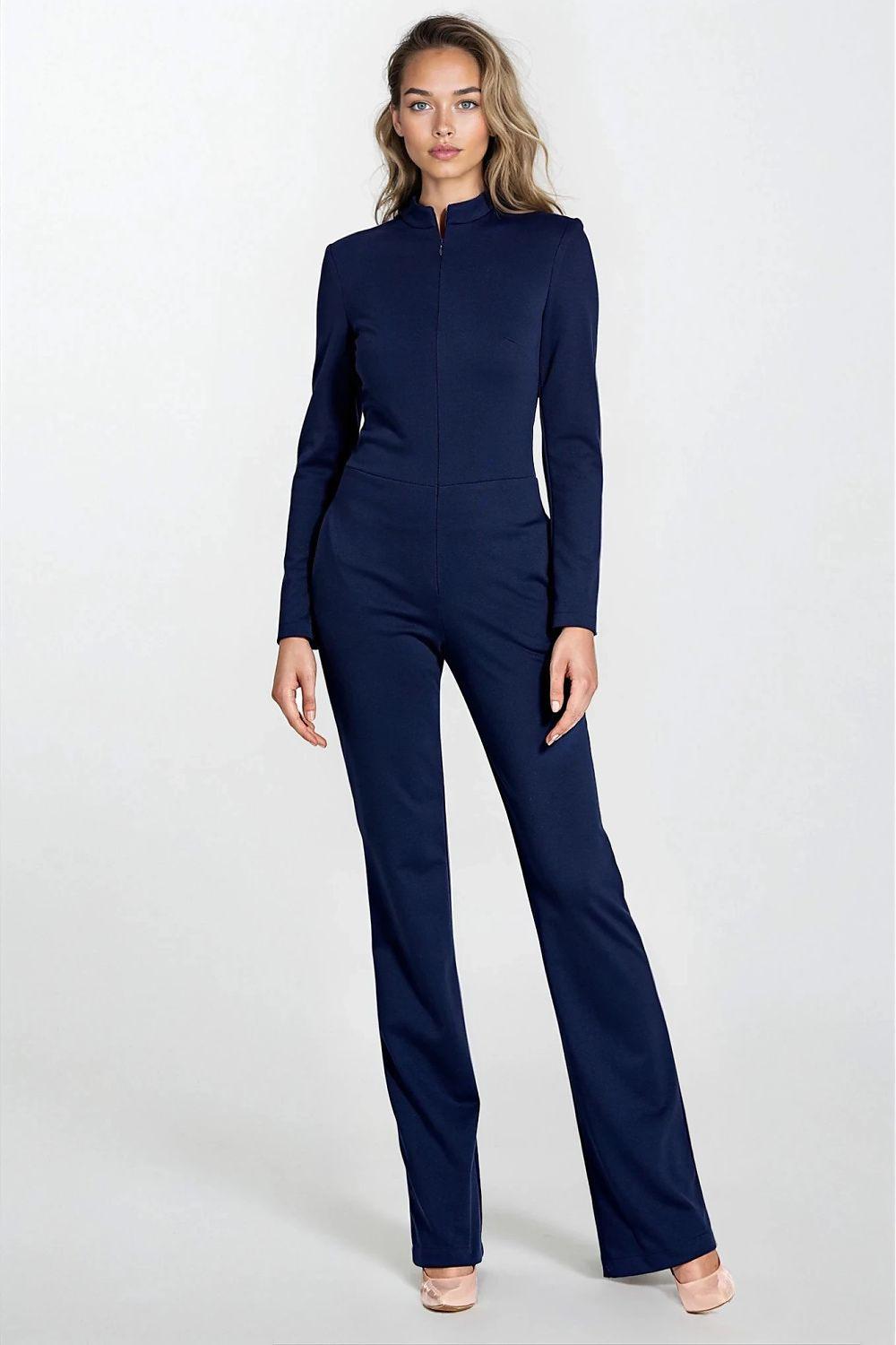 Nife navy blue zip-front suit, long sleeves, straight-leg trousers