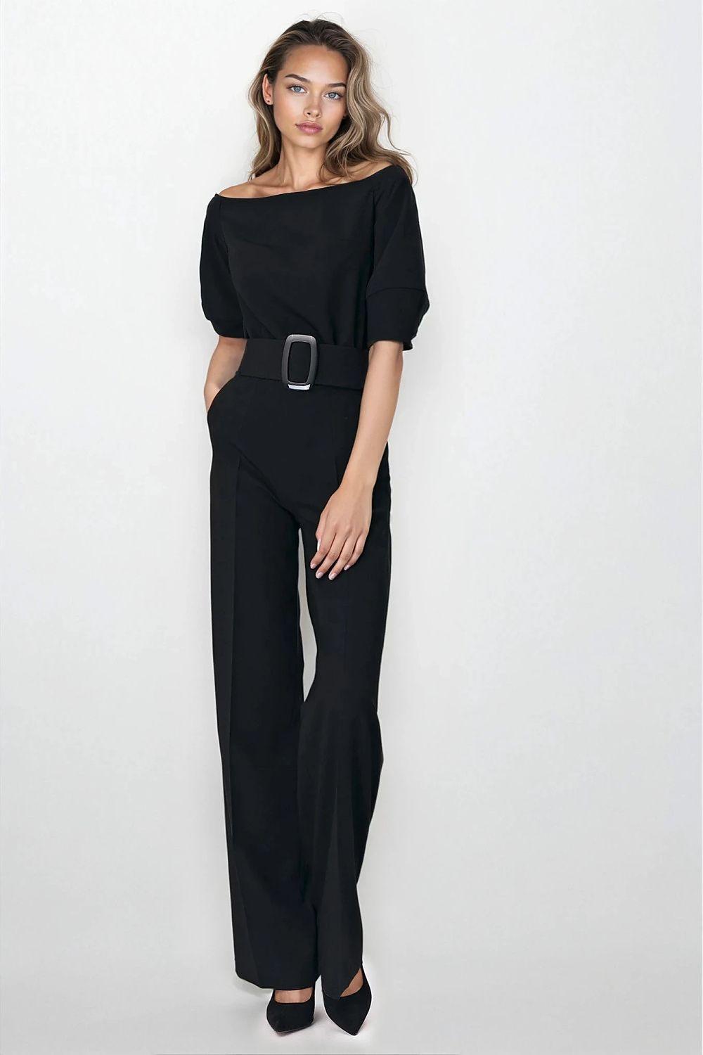 Black belted jumpsuit with off-shoulder neckline, puff sleeves, and wide legs.