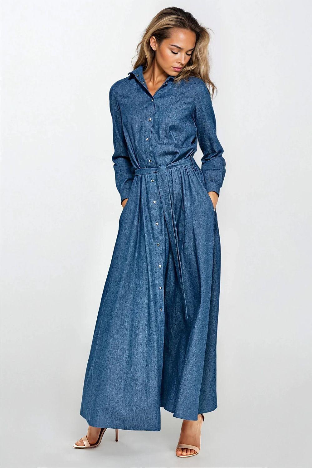 Belted blue denim maxi daydress with button front, collar, long sleeves