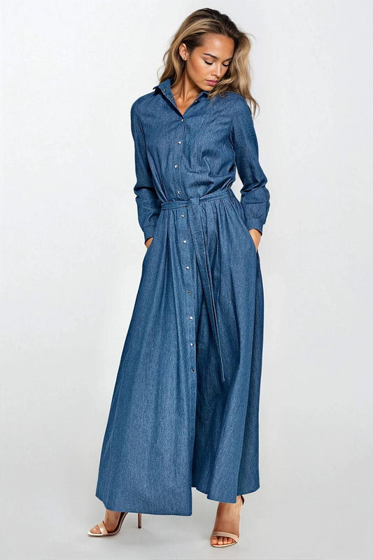 Nife blue denim daydress, long sleeves, button front, belted waist, full-length skirt
