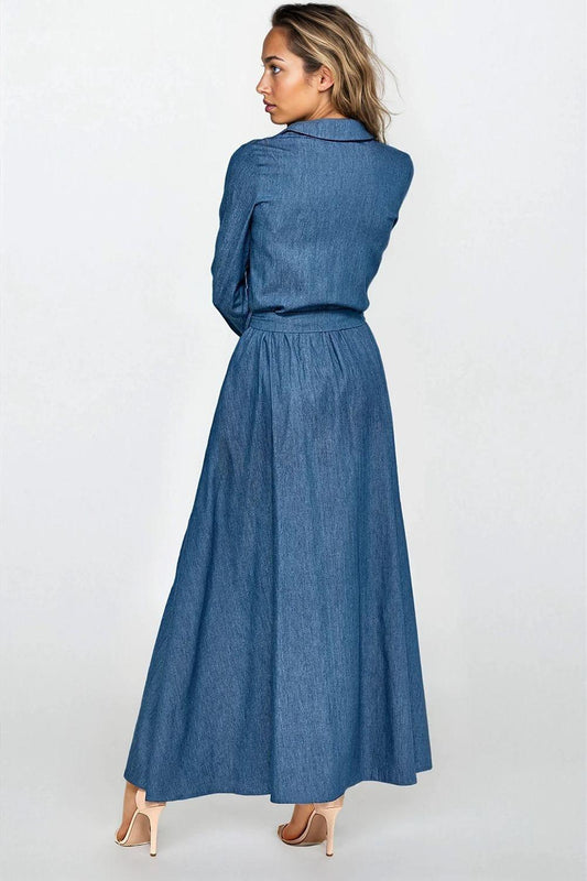 Nife blue denim daydress, back view, long sleeves, button closure, belted waist, skirt