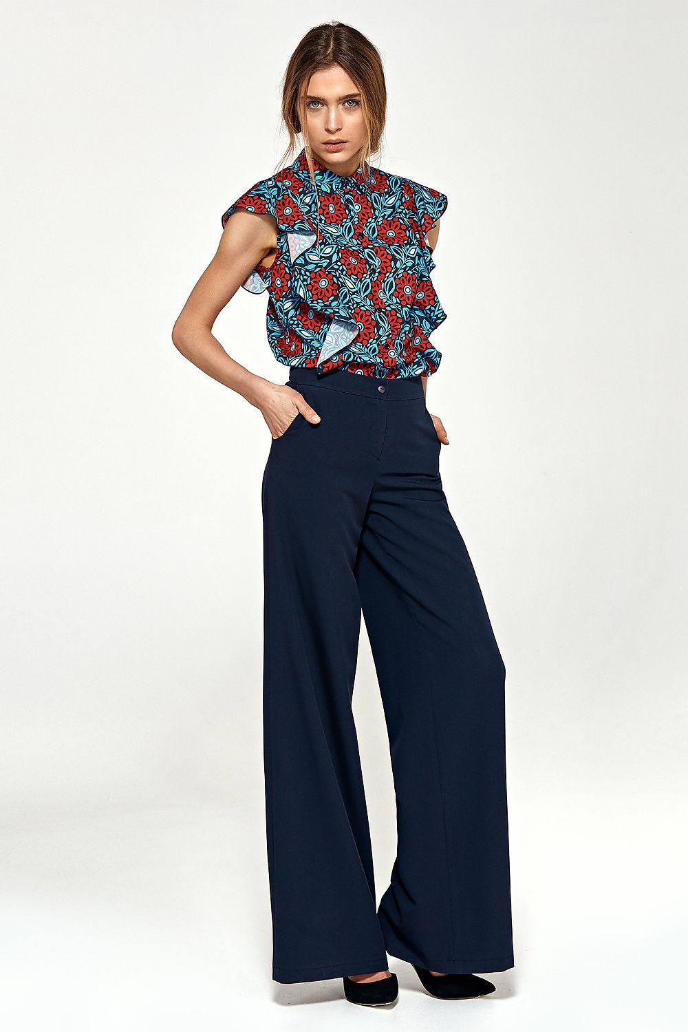 Navy blue palazzo trousers with wide flared legs and high waist.