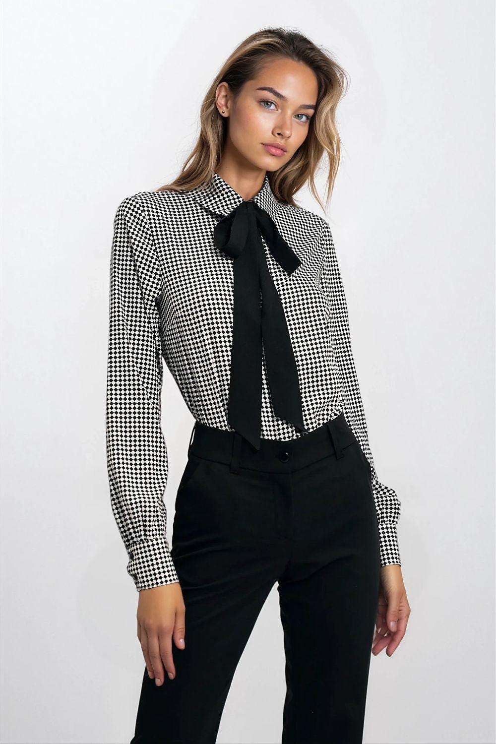 Long-sleeve shirt Nife, black-and-white check, bow at neck, button front
