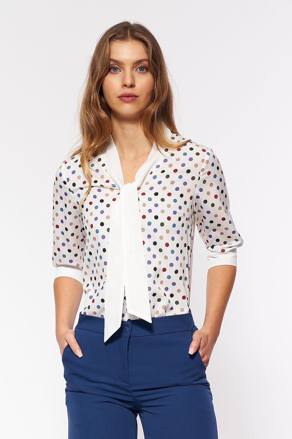 Beige polka dot blouse with V-neck, button front, tie detail, 3/4 sleeves