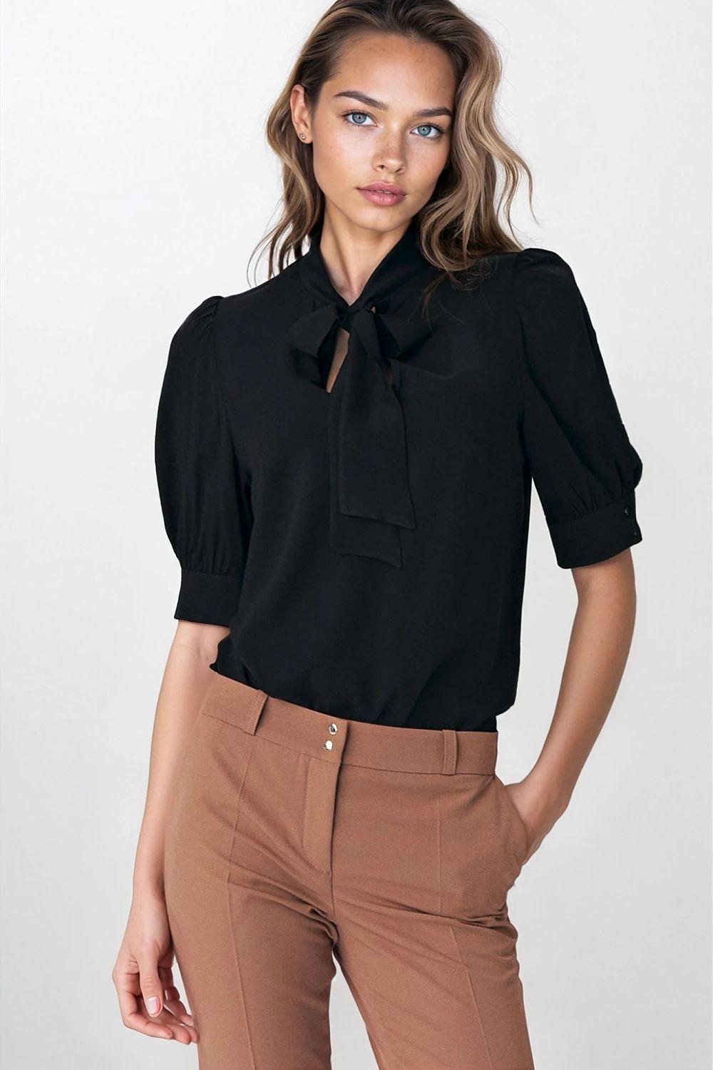 Nife viscose blouse in black with tie neck and puff sleeves
