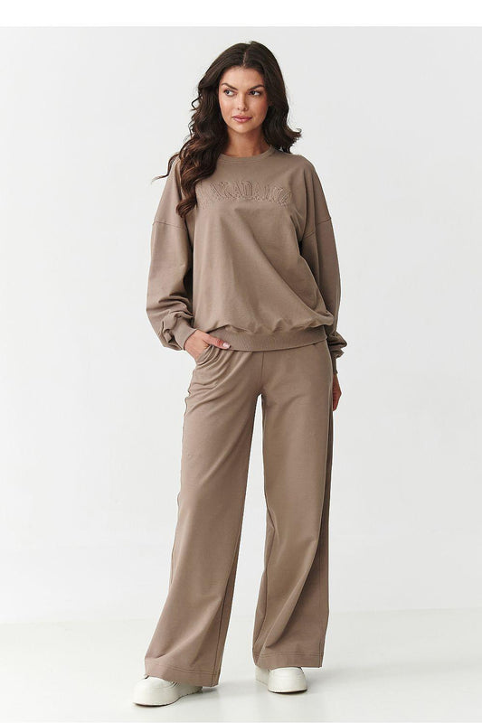 Two-piece lounge set in taupe: long-sleeve sweatshirt and wide-leg pants
