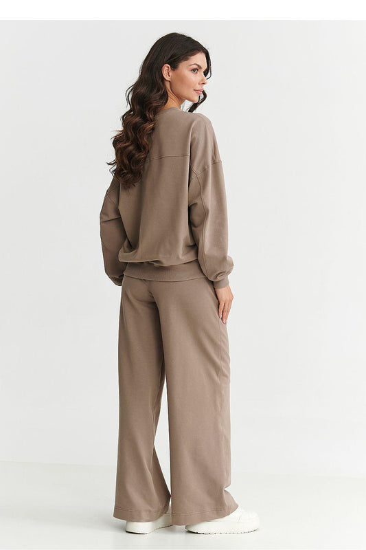 Two-piece lounge set in taupe, back view: long-sleeve top and wide-leg pants