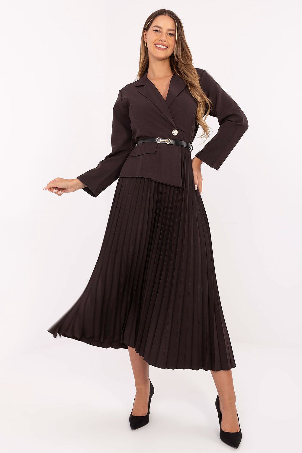Black maxi daydress with V-neck, long sleeves, pleated flared skirt and waist belt