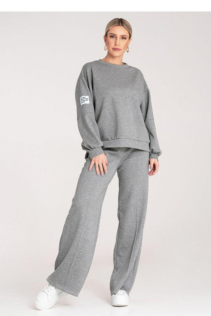 Grey two-piece loungewear set with sweatshirt and wide-leg pants, front view