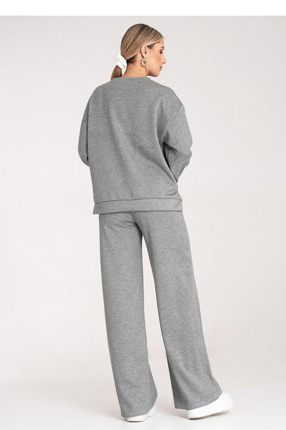 Grey two-piece loungewear set from the back with long sleeves and wide-leg pants