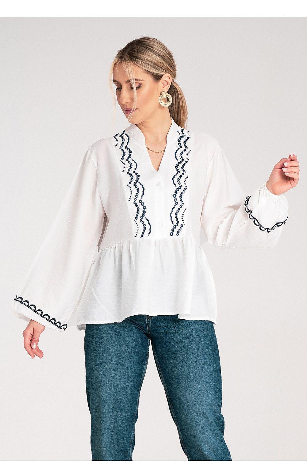 White Figl blouse with V neckline embroidery, long sleeves, scalloped trim, gathered waist
