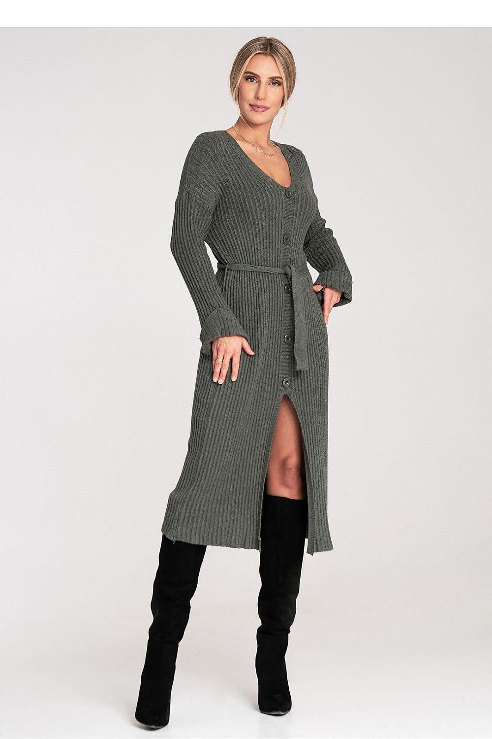 Green ribbed day dress, long sleeves, V-neck, button front, belted, side slit.