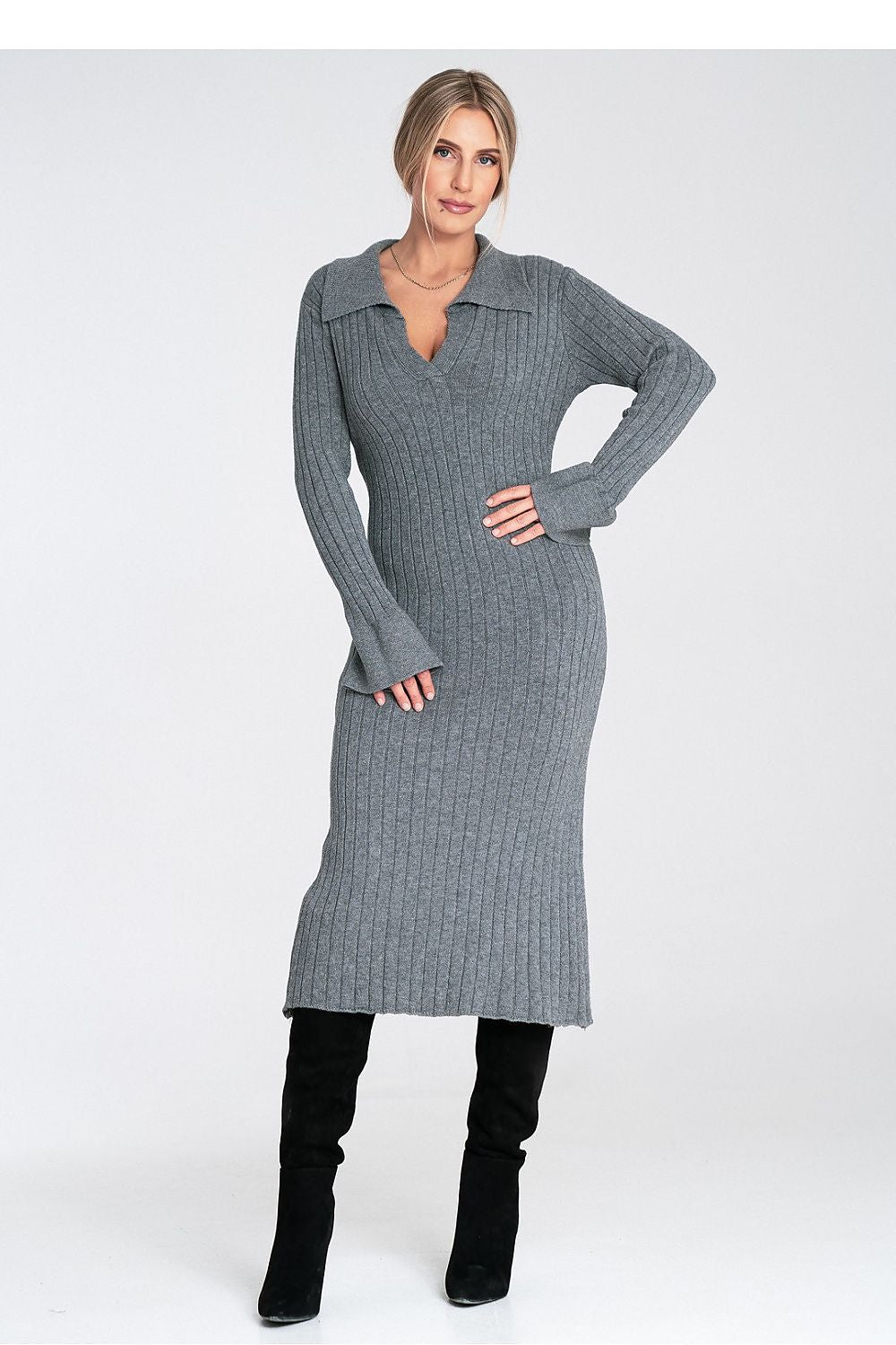 Grey ribbed knit midi daydress with V-neck, long sleeves, fitted straight silhouette.