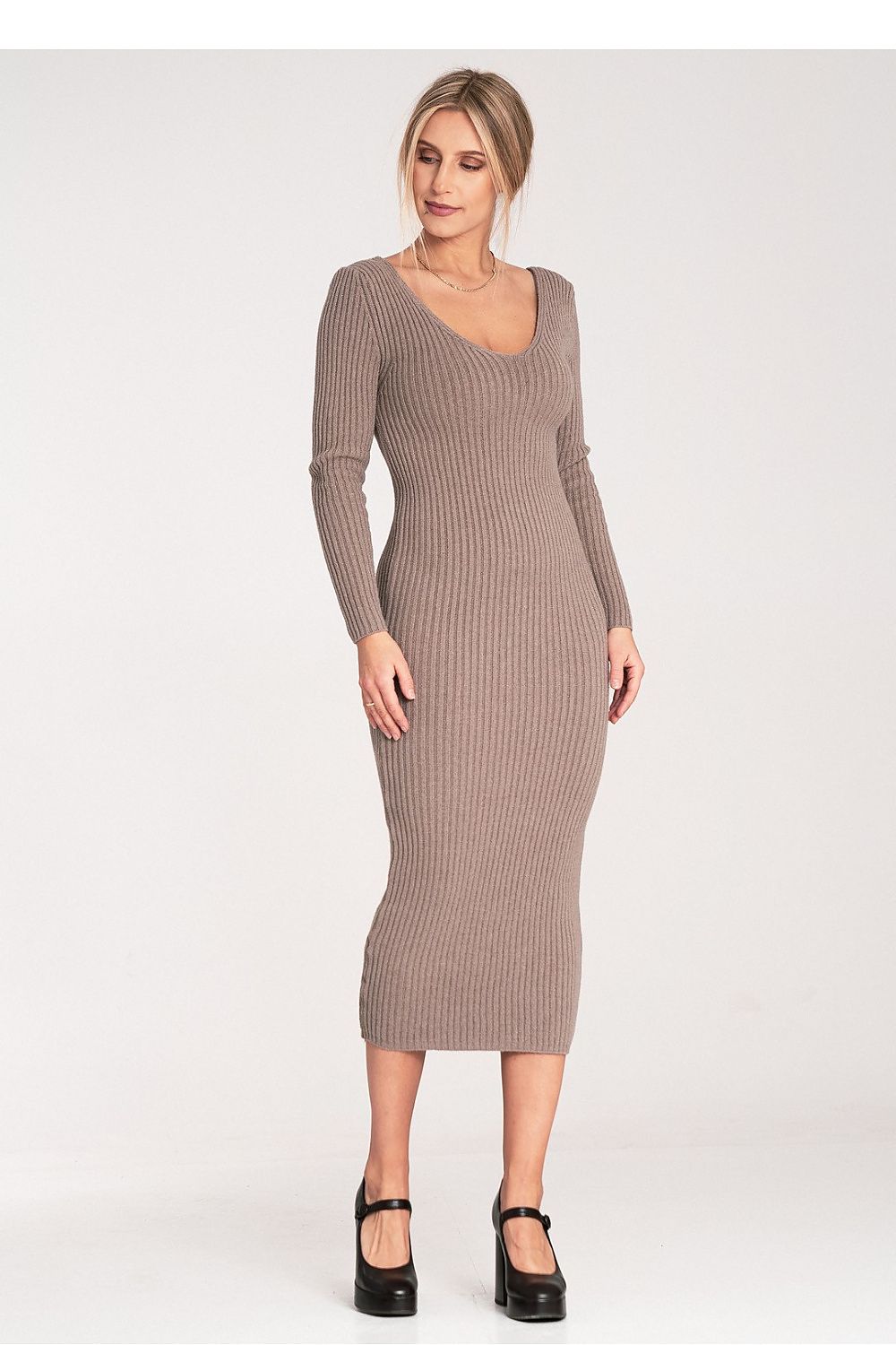 Beige ribbed knit day dress, scoop neck, long sleeves, fitted midi length