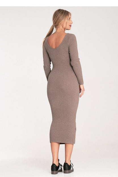Beige ribbed knit day dress, long sleeves, scoop back, fitted midi length