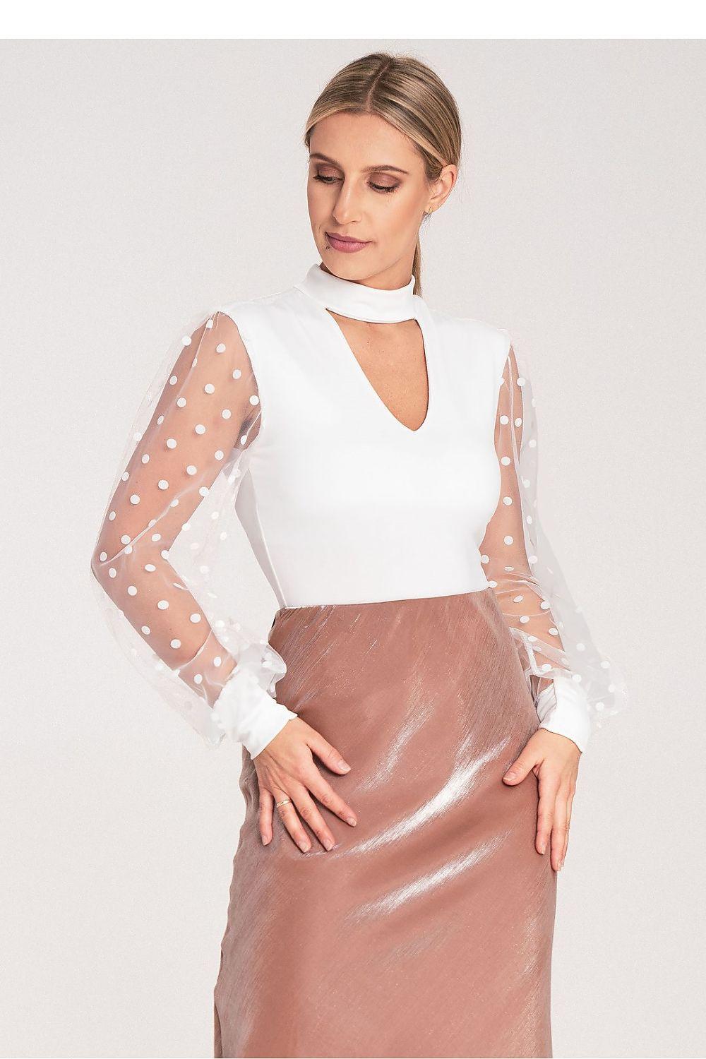 White shapewear bodysuit with sheer polka-dot sleeves, high neck choker