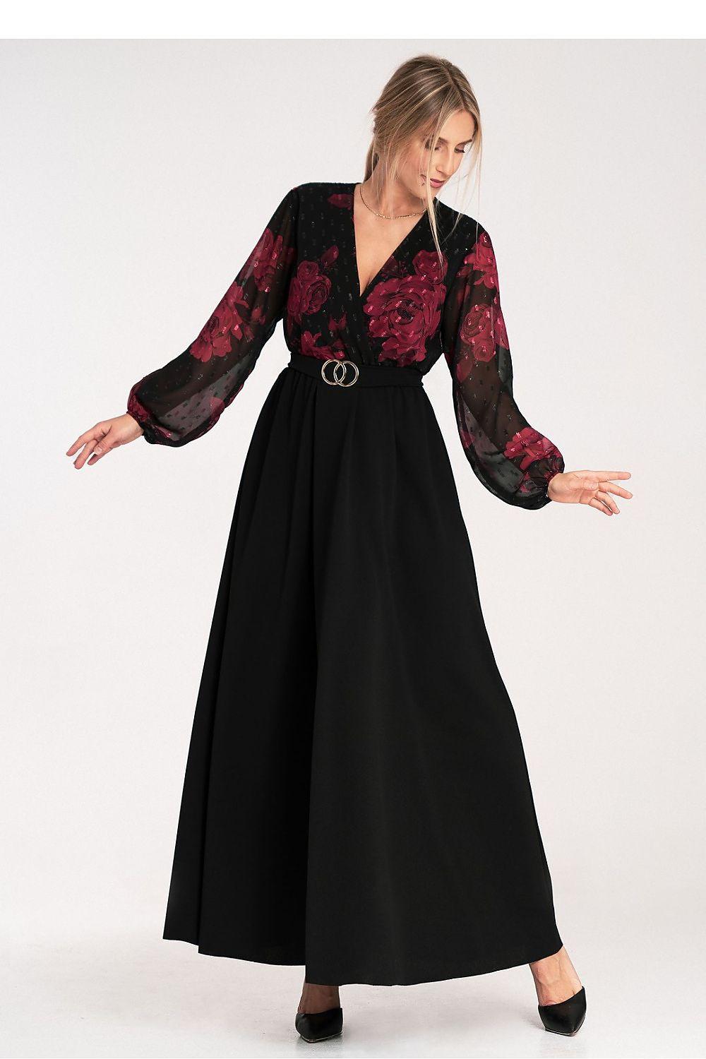 Figl cocktail dress in black with red floral V-neck and sheer long sleeves