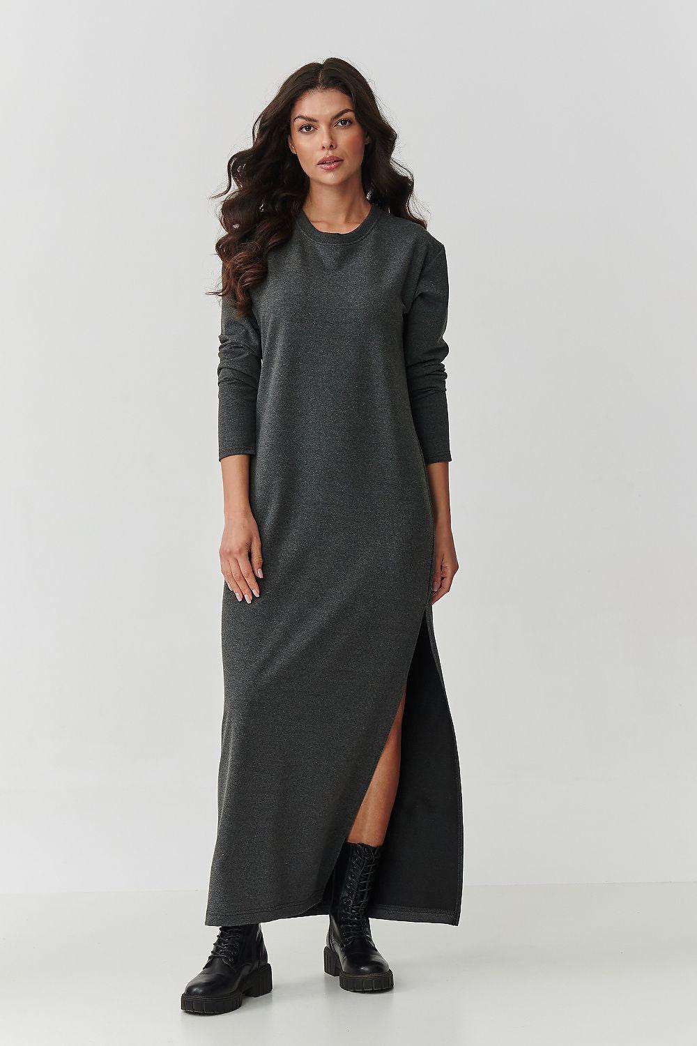 Grey long-sleeve cotton day dress with side slit