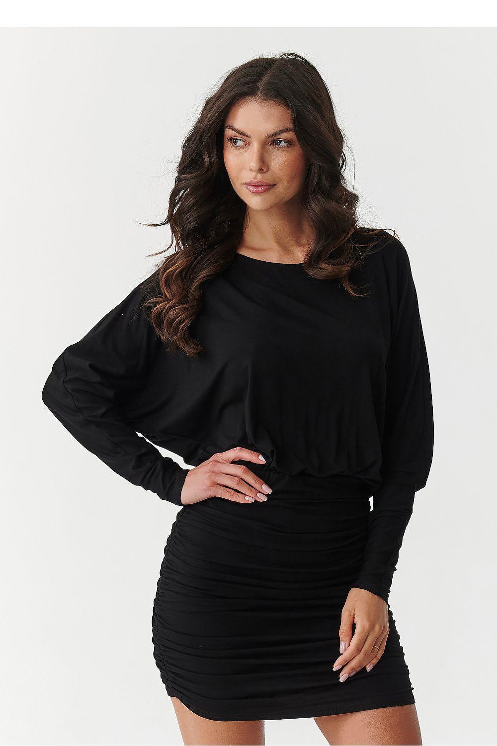 Black ruched long-sleeve daydress with round neckline, fitted silhouette
