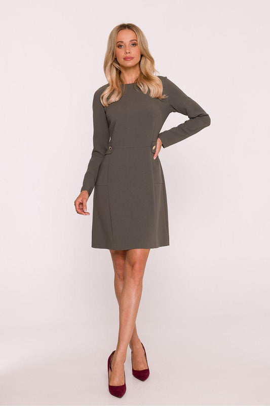 Long-sleeve day dress in dark gray, fitted waist with A-line skirt and cuff buttons