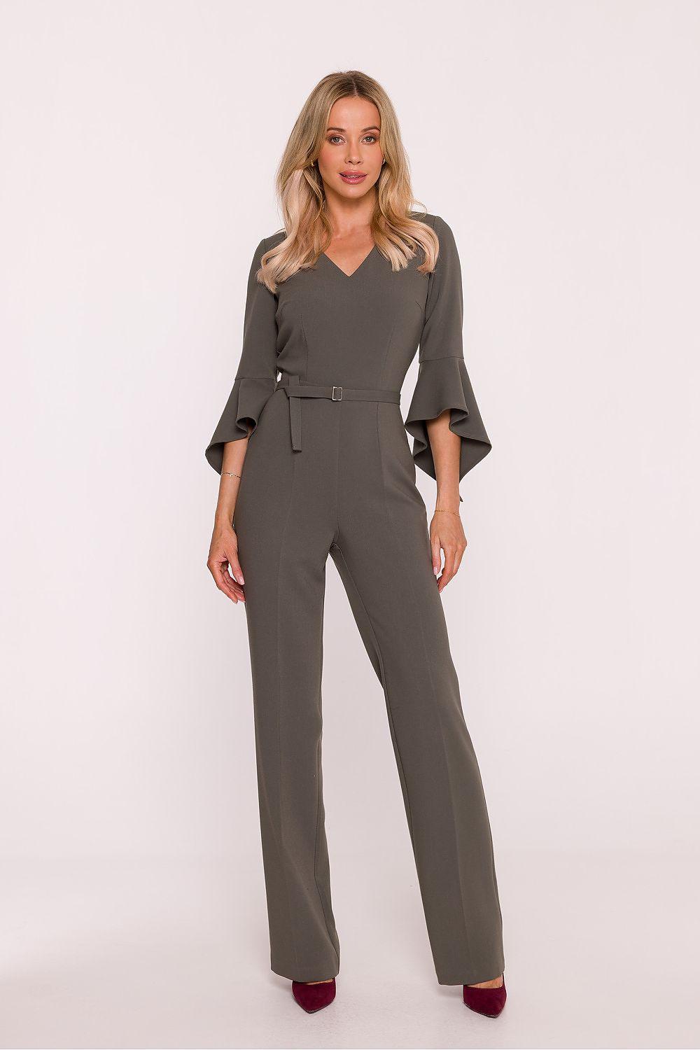 Women’s gray belted jumpsuit with V-neck, flared sleeves, and wide-leg trousers