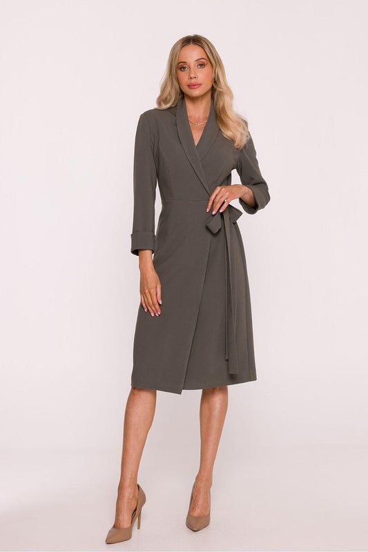 Charcoal wrap midi daydress with long sleeves and tied waist belt