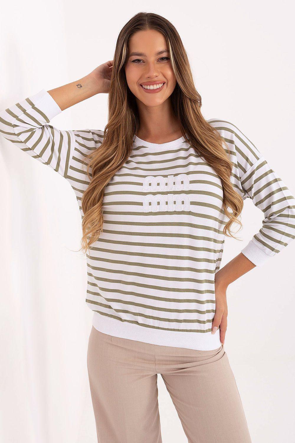 Relevance striped blouse with crew neck, three-quarter sleeves, green and white