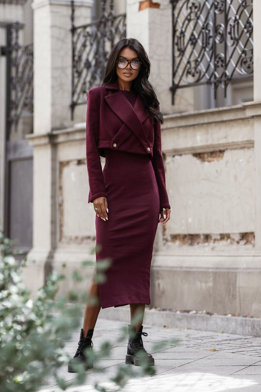 Burgundy blazer and midi dress set, long sleeves, fitted tailored silhouette