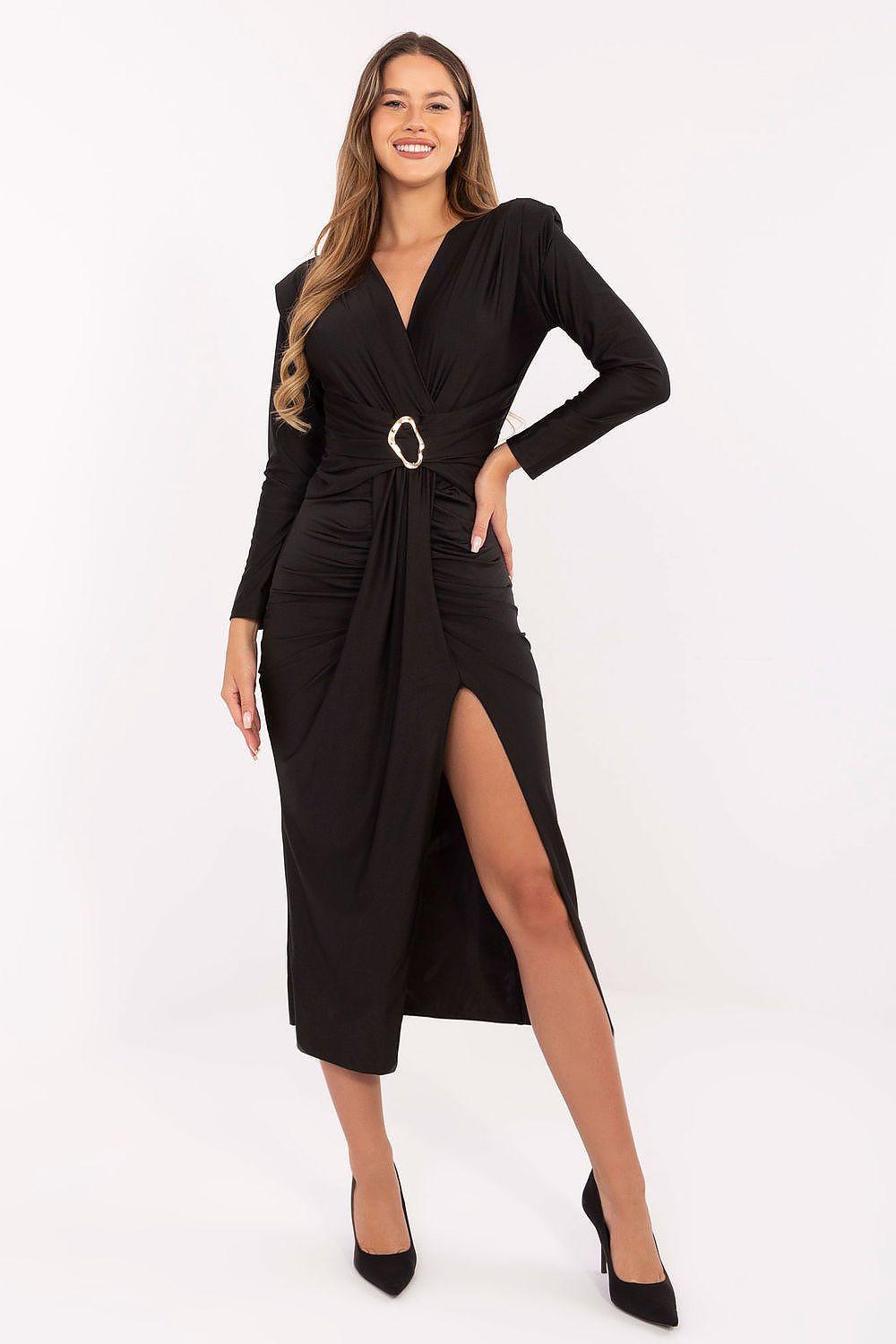 Black evening dress with long sleeves, V-neck and front slit, tied waist belt