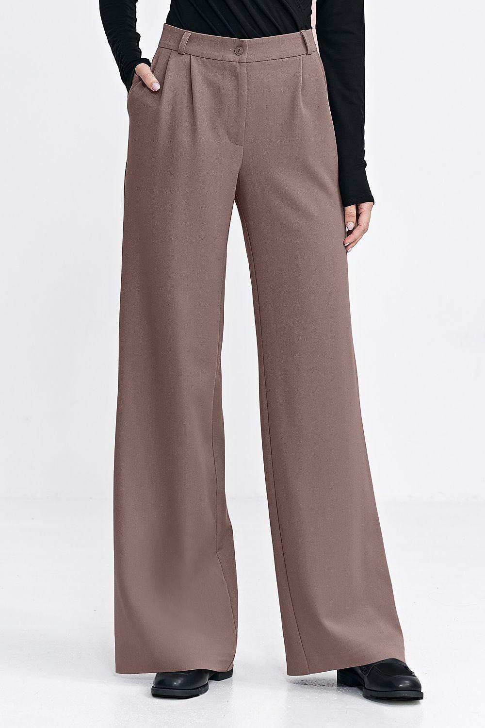 Brown high-rise wide-leg trousers with side pockets and button front