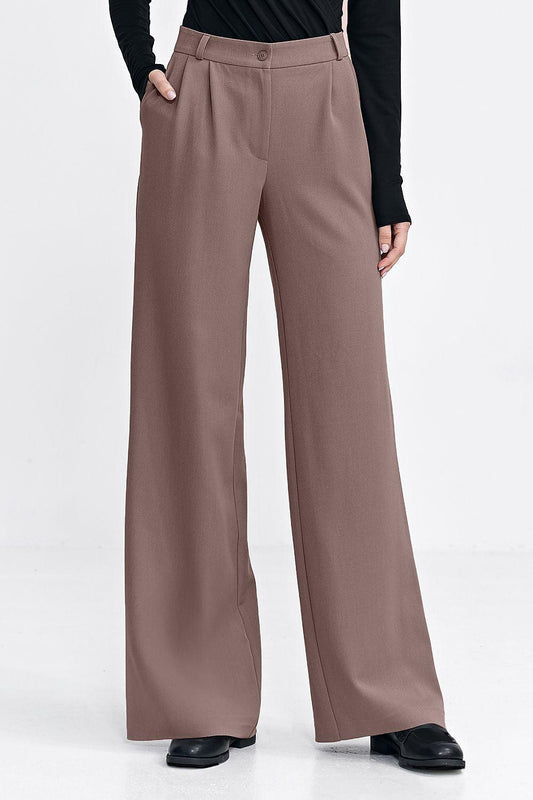 Brown high-waist wide-leg trousers with button closure and front seam detailing