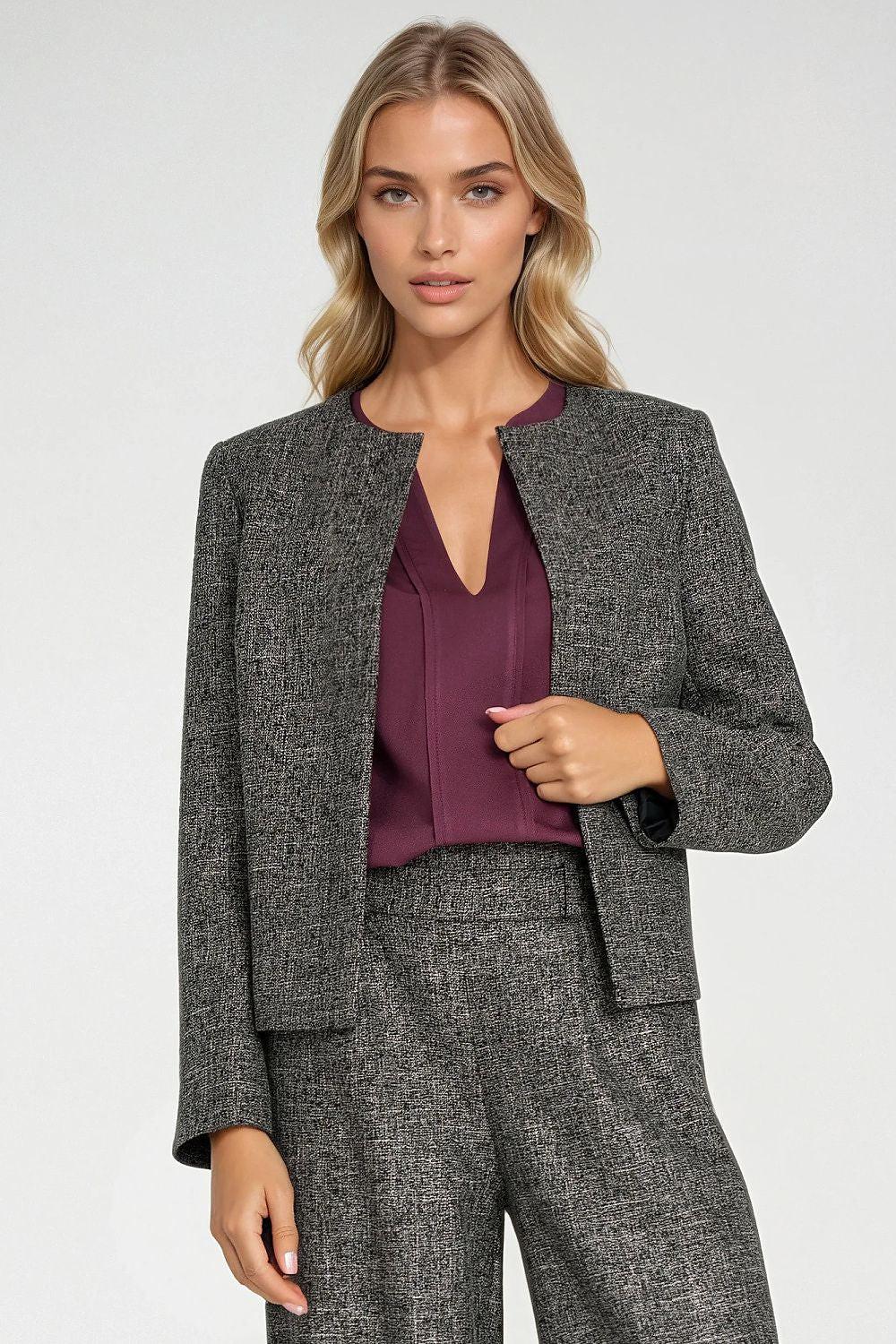 Black melange textured boxy jacket, open front with notched lapels