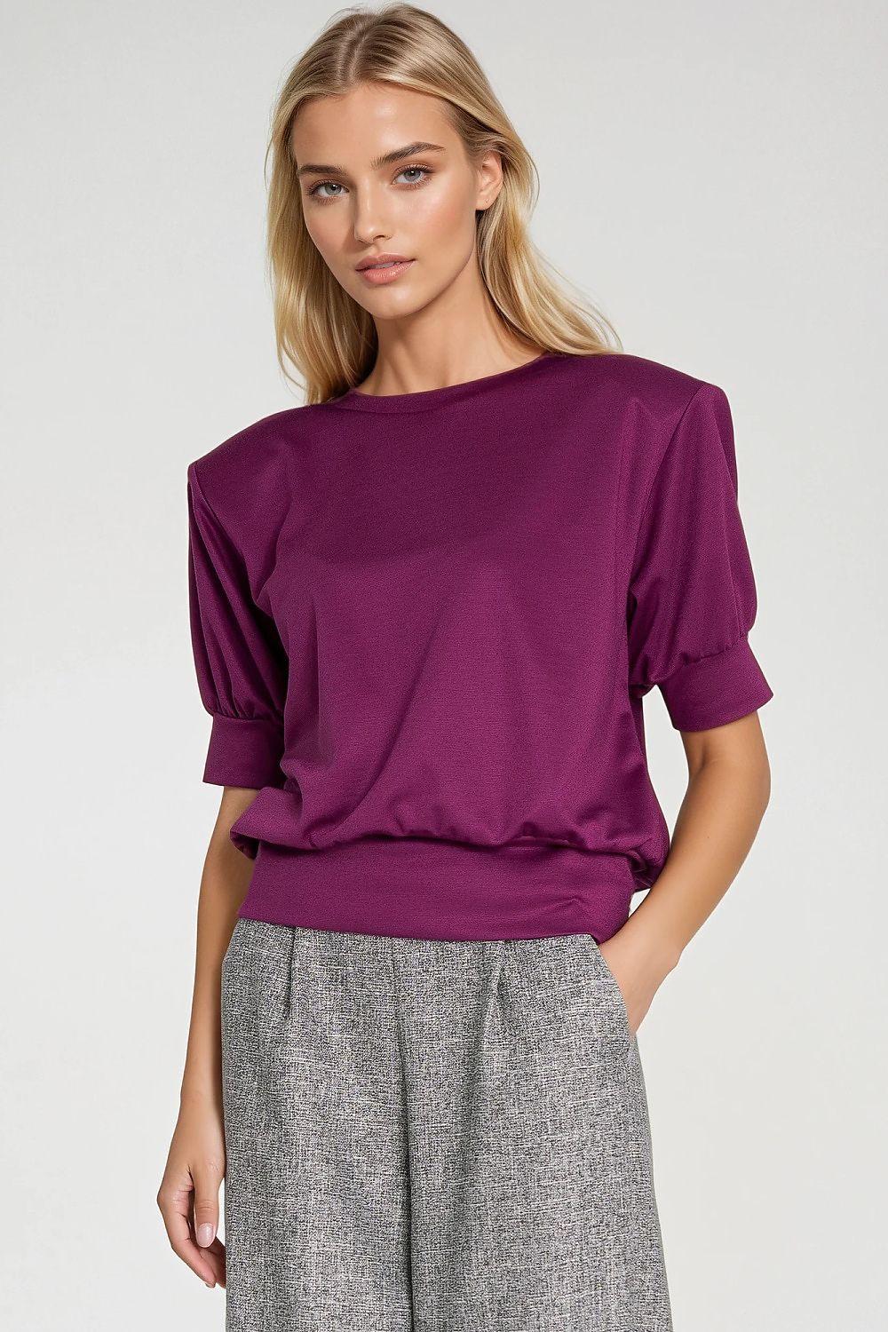 Violet oversized blouse with gathered short sleeves and round neckline